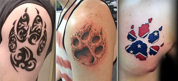 Мужские татуировки лап волка, медведя и тигра на плече и груди
