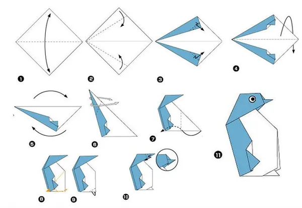 Поэтапная сборка пингвина-оригами