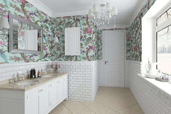 комбинирование пастельных обоев с ярким рисунком и декоративным кирпичом в ванной