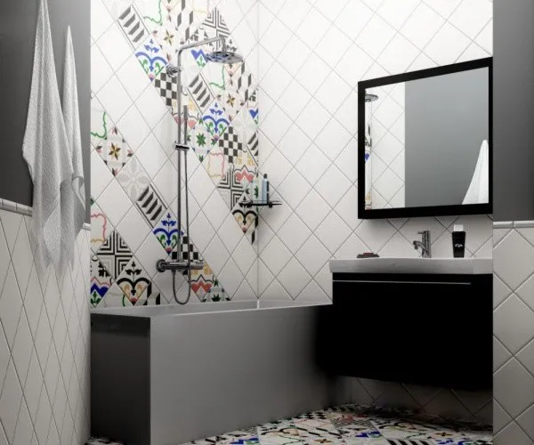 Вариант диагональной укладки стен в маленькой ванной