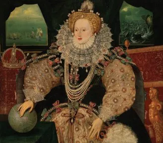 Королева Елизавета в платье с пышным воротником
