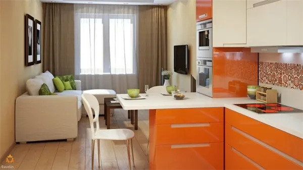 Дизайн кухни-гостиной площадью 17 кв. м в обычной квартире