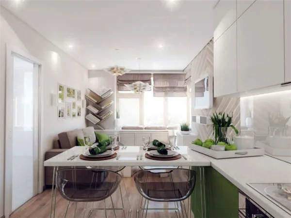 Дизайн кухни-гостиной площадью 17 кв. м в обычной квартире