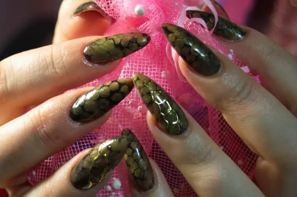 Маникюр с изображением рептилий и змеиной кожи на ногтях. Маникюр со змеей. 2