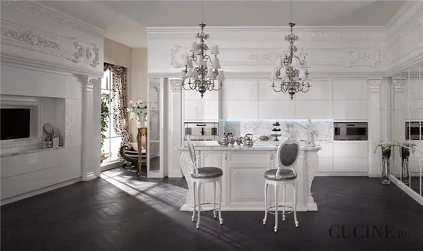 Белая кухня в классическом дизайне интерьера. Белая классическая кухня. 4
