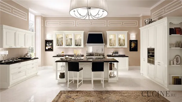 Белая кухня в классическом дизайне интерьера. Белая классическая кухня. 5